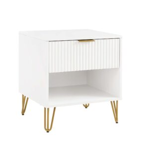 Manhattan Comfort DUMBO 1.0 Modern Nightstand with 1 Drawer and Metal Feet in White- Set of 2