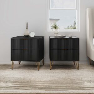 Manhattan Comfort DUMBO 2.0 Modern Nightstand with 2 Drawer and Metal Feet in Black- Set of 2