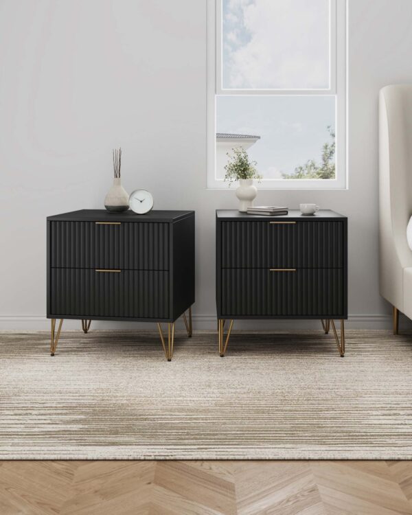 Manhattan Comfort DUMBO 2.0 Modern Nightstand with 2 Drawer and Metal Feet in Black- Set of 2