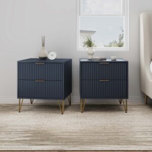 Manhattan Comfort DUMBO 2.0 Modern Nightstand with 2 Drawer and Metal Feet in Midnight Blue- Set of 2