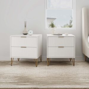 Manhattan Comfort DUMBO 2.0 Modern Nightstand with 2 Drawer and Metal Feet in White- Set of 2