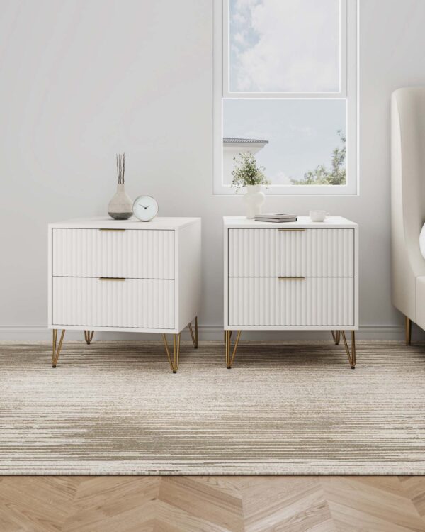 Manhattan Comfort DUMBO 2.0 Modern Nightstand with 2 Drawer and Metal Feet in White- Set of 2