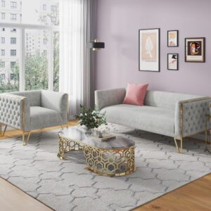 Manhattan Comfort Vector 2-Piece Grey and Gold Sofa and Armchair Set