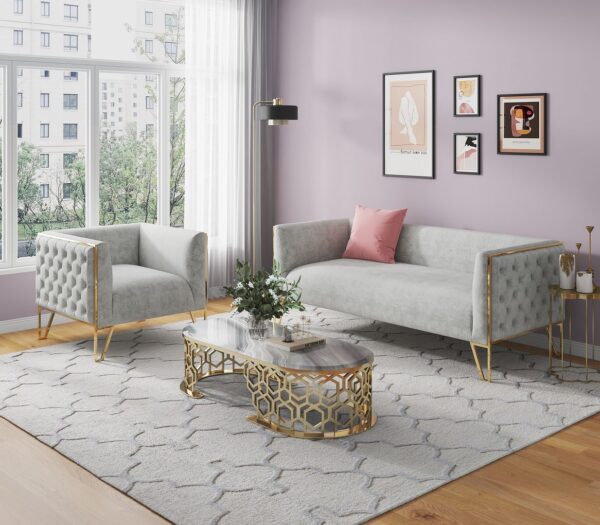 Manhattan Comfort Vector 2-Piece Grey and Gold Sofa and Armchair Set