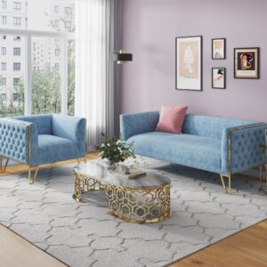 Manhattan Comfort Vector 2-Piece Ocean Blue and Gold Sofa and Armchair Set