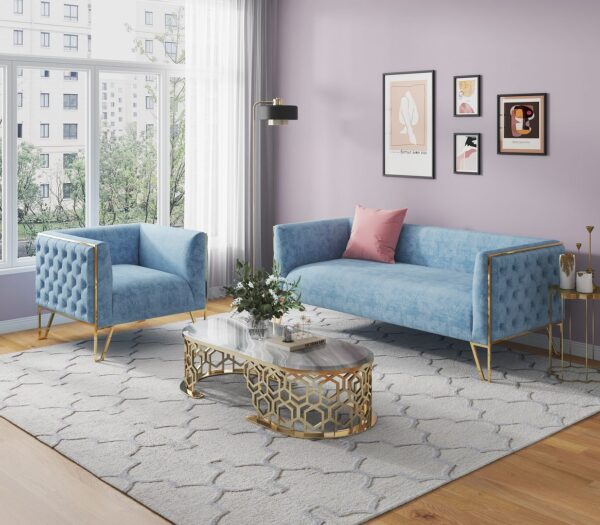 Manhattan Comfort Vector 2-Piece Ocean Blue and Gold Sofa and Armchair Set