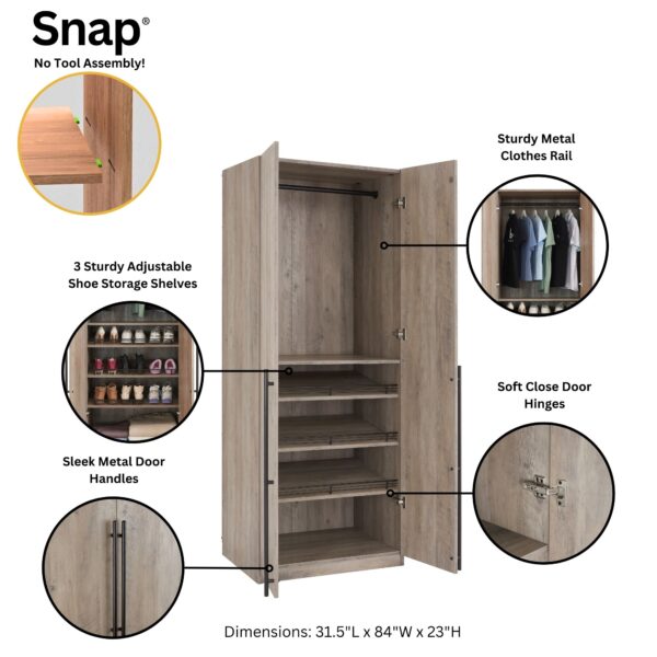 Manhattan Comfort Lee Modern Freestanding 2-Piece Module Wardrobe Closet with 1 Hanging Rod, 2 Drawers, 3 Shoe Compartments, and 5 Shelves in Rustic Grey