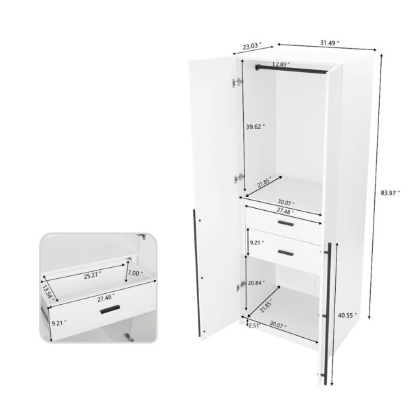 Manhattan Comfort Lee Modern Freestanding Wardrobe Closet 2.0 with 1 Hanging Rod, 1 Shelf, and 2 Drawers in White- Set of 2