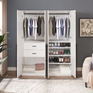 Manhattan Comfort Lee Modern Freestanding 2-Piece Module Wardrobe Closet with 2 Hanging Rods, 2 Drawers, 3 Shoe Compartments, and 2 Shelves in White