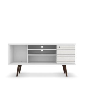 Manhattan Comfort Liberty 53.14" Mid-Century Modern TV Stand with 5 Shelves and 1 Door in White with Solid Wood Legs