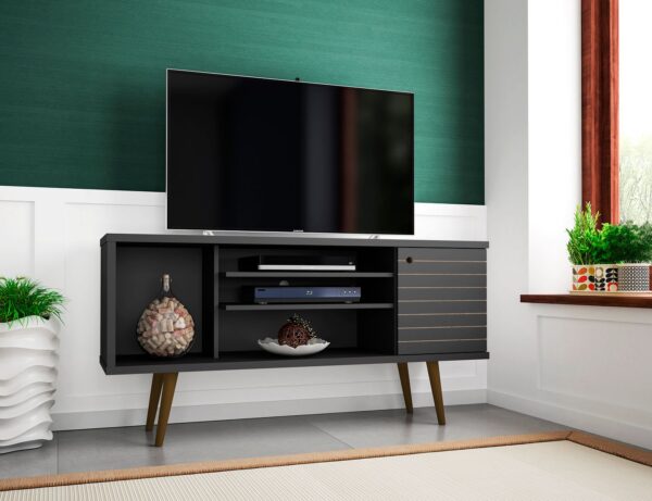 Manhattan Comfort Liberty 53.14" Mid-Century Modern TV Stand with 5 Shelves and 1 Door in Black