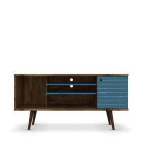 Manhattan Comfort Liberty 53.14" Mid-Century Modern TV Stand with 5 Shelves and 1 Door in Rustic Brown and Aqua Blue with Solid Wood Legs