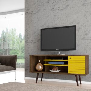 Manhattan Comfort Liberty 53.14" Mid-Century Modern TV Stand with 5 Shelves and 1 Door in Rustic Brown and Yellow with Solid Wood Legs