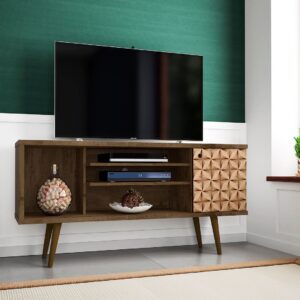 Manhattan Comfort Liberty 53.14" Mid-Century Modern TV Stand with 5 Shelves and 1 Door in Rustic Brown and 3D Brown Prints