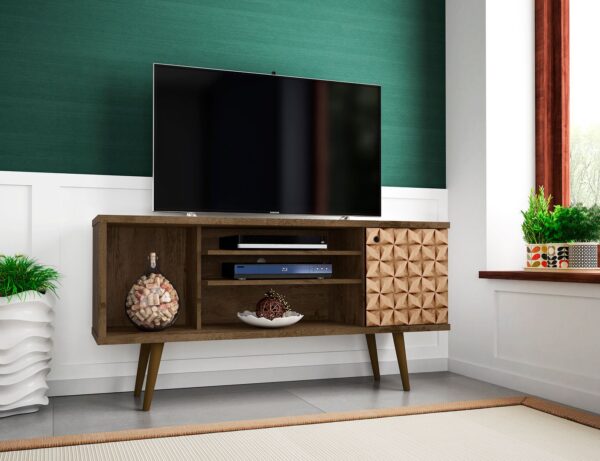 Manhattan Comfort Liberty 53.14" Mid-Century Modern TV Stand with 5 Shelves and 1 Door in Rustic Brown and 3D Brown Prints