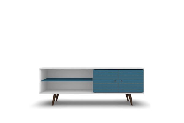 Manhattan Comfort Liberty 62.99" Mid-Century Modern TV Stand with 3 Shelves and 2 Doors in White and Aqua Blue with Solid Wood Legs