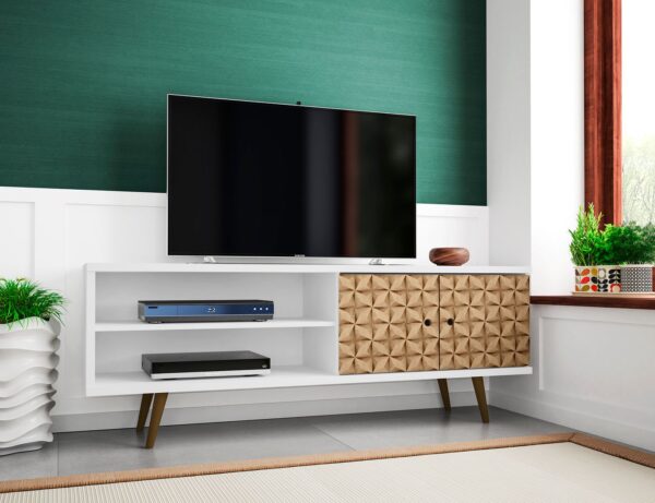 Manhattan Comfort Liberty 62.99" Mid-Century Modern TV Stand with 3 Shelves and 2 Doors in White and 3D Brown Prints