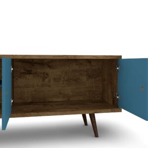 Manhattan Comfort Liberty 62.99" Mid-Century Modern TV Stand with 3 Shelves and 2 Doors in Rustic Brown and Aqua Blue with Solid Wood Legs