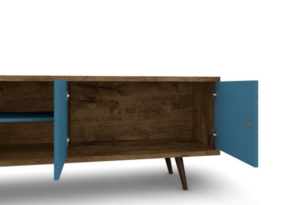 Manhattan Comfort Liberty 62.99" Mid-Century Modern TV Stand with 3 Shelves and 2 Doors in Rustic Brown and Aqua Blue with Solid Wood Legs