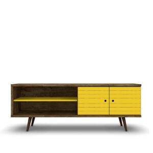 Manhattan Comfort Liberty 62.99" Mid-Century Modern TV Stand with 3 Shelves and 2 Doors in Rustic Brown and Yellow with Solid Wood Legs