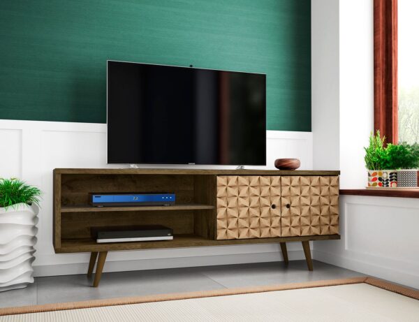 Manhattan Comfort Liberty 62.99" Mid-Century Modern TV Stand with 3 Shelves and 2 Doors in Rustic Brown and 3D Brown Prints