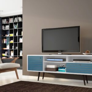 Manhattan Comfort Liberty 70.86" Mid-Century Modern TV Stand with 4 Shelving Spaces and 1 Drawer in White and Aqua Blue with Solid Wood Legs