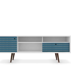 Manhattan Comfort Liberty 70.86" Mid-Century Modern TV Stand with 4 Shelving Spaces and 1 Drawer in White and Aqua Blue with Solid Wood Legs