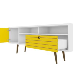 Manhattan Comfort Liberty 70.86" Mid-Century Modern TV Stand with 4 Shelving Spaces and 1 Drawer in White and Yellow with Solid Wood Legs