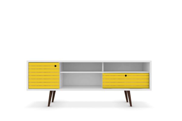 Manhattan Comfort Liberty 70.86" Mid-Century Modern TV Stand with 4 Shelving Spaces and 1 Drawer in White and Yellow with Solid Wood Legs