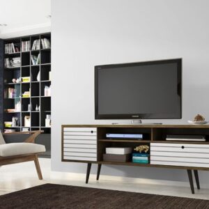 Manhattan Comfort Liberty 70.86" Mid-Century Modern TV Stand with 4 Shelving Spaces and 1 Drawer in Rustic Brown and White with Solid Wood Legs