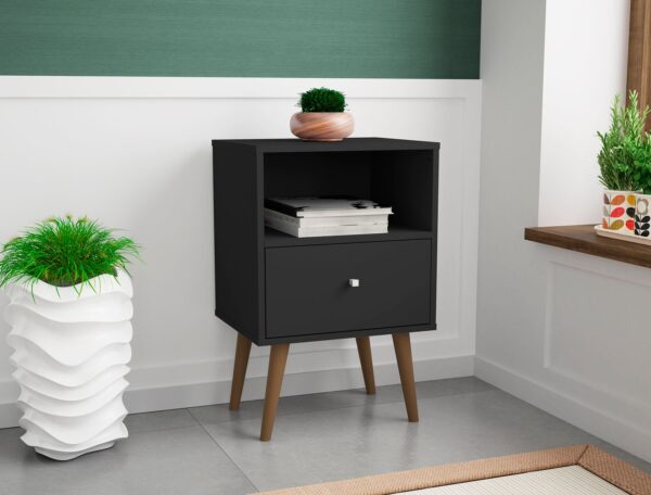 Manhattan Comfort Liberty Mid-Century Modern Nightstand 1.0 with 1 Cubby Space and 1 Drawer in Black