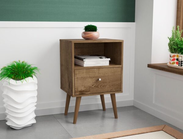 Manhattan Comfort Liberty Mid-Century Modern Nightstand 1.0 with 1 Cubby Space and 1 Drawer in Rustic Brown