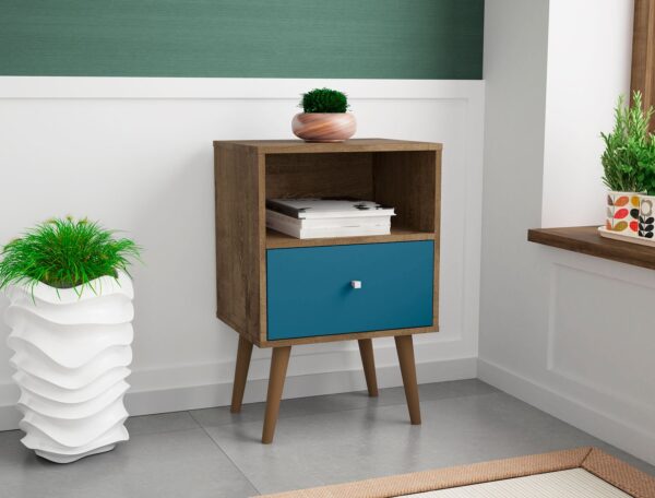 Manhattan Comfort Liberty Mid-Century Modern Nightstand 1.0 with 1 Cubby Space and 1 Drawer in Rustic Brown and Aqua Blue