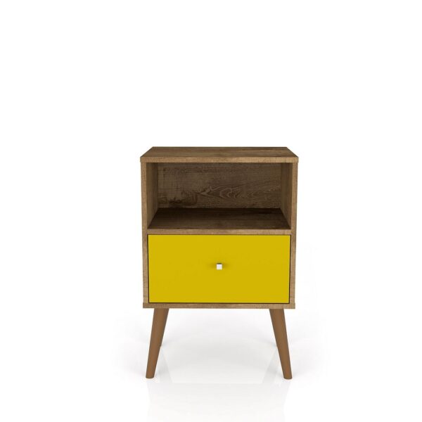 Manhattan Comfort Liberty Mid-Century Modern Nightstand 1.0 with 1 Cubby Space and 1 Drawer in Rustic Brown and Yellow