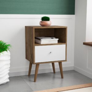 Manhattan Comfort Liberty Mid-Century Modern Nightstand 1.0 with 1 Cubby Space and 1 Drawer in Rustic Brown and White