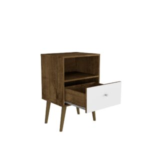 Manhattan Comfort Liberty Mid-Century Modern Nightstand 1.0 with 1 Cubby Space and 1 Drawer in Rustic Brown and White