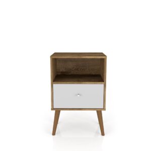 Manhattan Comfort Liberty Mid-Century Modern Nightstand 1.0 with 1 Cubby Space and 1 Drawer in Rustic Brown and White