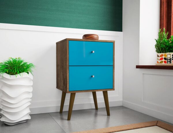 Manhattan Comfort Liberty Mid-Century Modern Nightstand 2.0 with 2 Full Extension Drawers in Rustic Brown and Aqua Blue