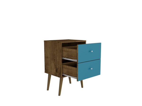 Manhattan Comfort Liberty Mid-Century Modern Nightstand 2.0 with 2 Full Extension Drawers in Rustic Brown and Aqua Blue