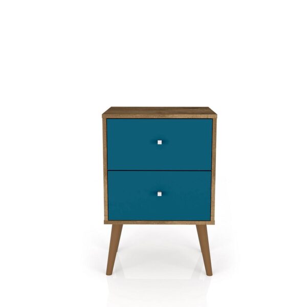 Manhattan Comfort Liberty Mid-Century Modern Nightstand 2.0 with 2 Full Extension Drawers in Rustic Brown and Aqua Blue