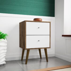 Manhattan Comfort Liberty Mid-Century Modern Nightstand 2.0 with 2 Full Extension Drawers in Rustic Brown and White