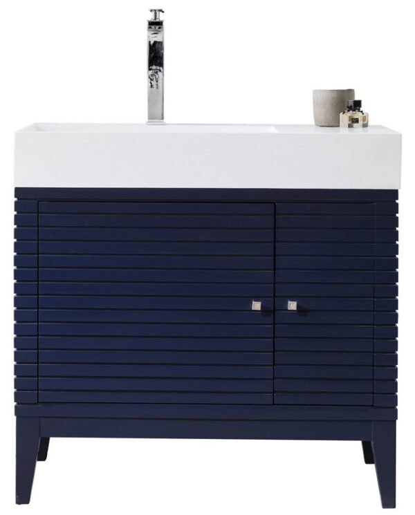 James Martin 210-V36-VBL-GW Linear 36 Inch Single Vanity in Victory Blue with Glossy White Solid Surface Top