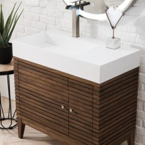 James Martin 210-V36-WLT-GW Linear 36 Inch Single Vanity in Mid Century Walnut with Glossy White Solid Surface Top