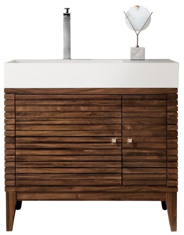 James Martin 210-V36-WLT-GW Linear 36 Inch Single Vanity in Mid Century Walnut with Glossy White Solid Surface Top