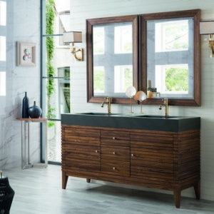 James Martin 210-V59D-WLT-DGG Linear 59 Inch Double Vanity in Mid Century Walnut with Glossy Dark Gray Solid Surface Top