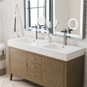 James Martin 210-V59D-WW-GW Linear 59 Inch Double Vanity in Whitewashed Walnut with Glossy White Solid Surface Top