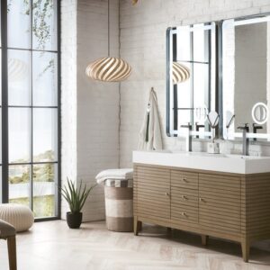 James Martin 210-V59D-WW-GW Linear 59 Inch Double Vanity in Whitewashed Walnut with Glossy White Solid Surface Top