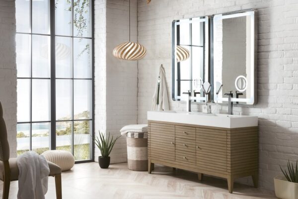 James Martin 210-V59D-WW-GW Linear 59 Inch Double Vanity in Whitewashed Walnut with Glossy White Solid Surface Top