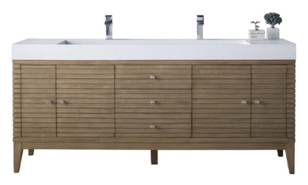 James Martin 210-V72D-WW-GW Linear 72 Inch Double Vanity in Whitewashed Walnut with Glossy White Solid Surface Top