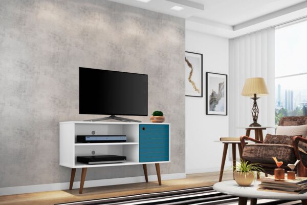 Manhattan Comfort Liberty 42.52" Mid-Century Modern TV Stand with 2 Shelves and 1 Door in White and Aqua Blue